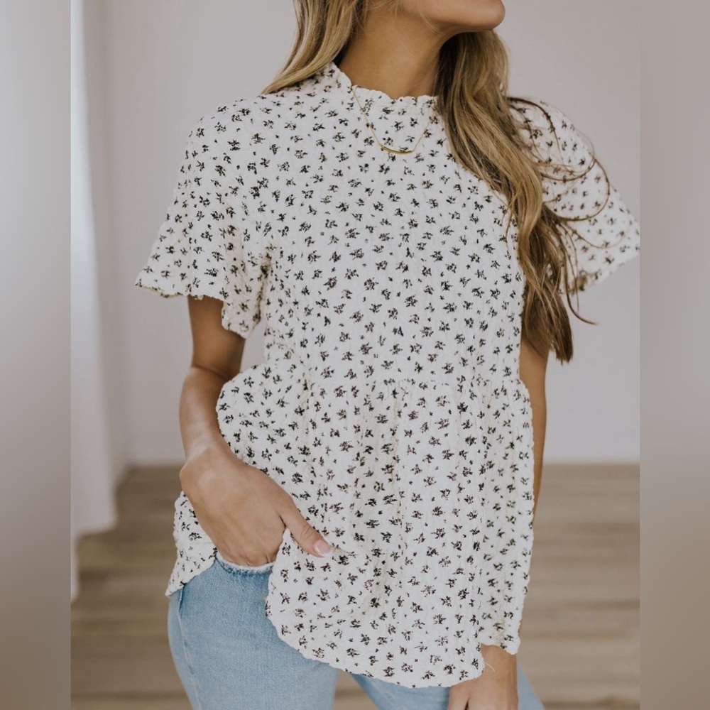 Roolee White Black Floral Popcorn Smocked Peplum High Neck Ruffled Short Sleeve